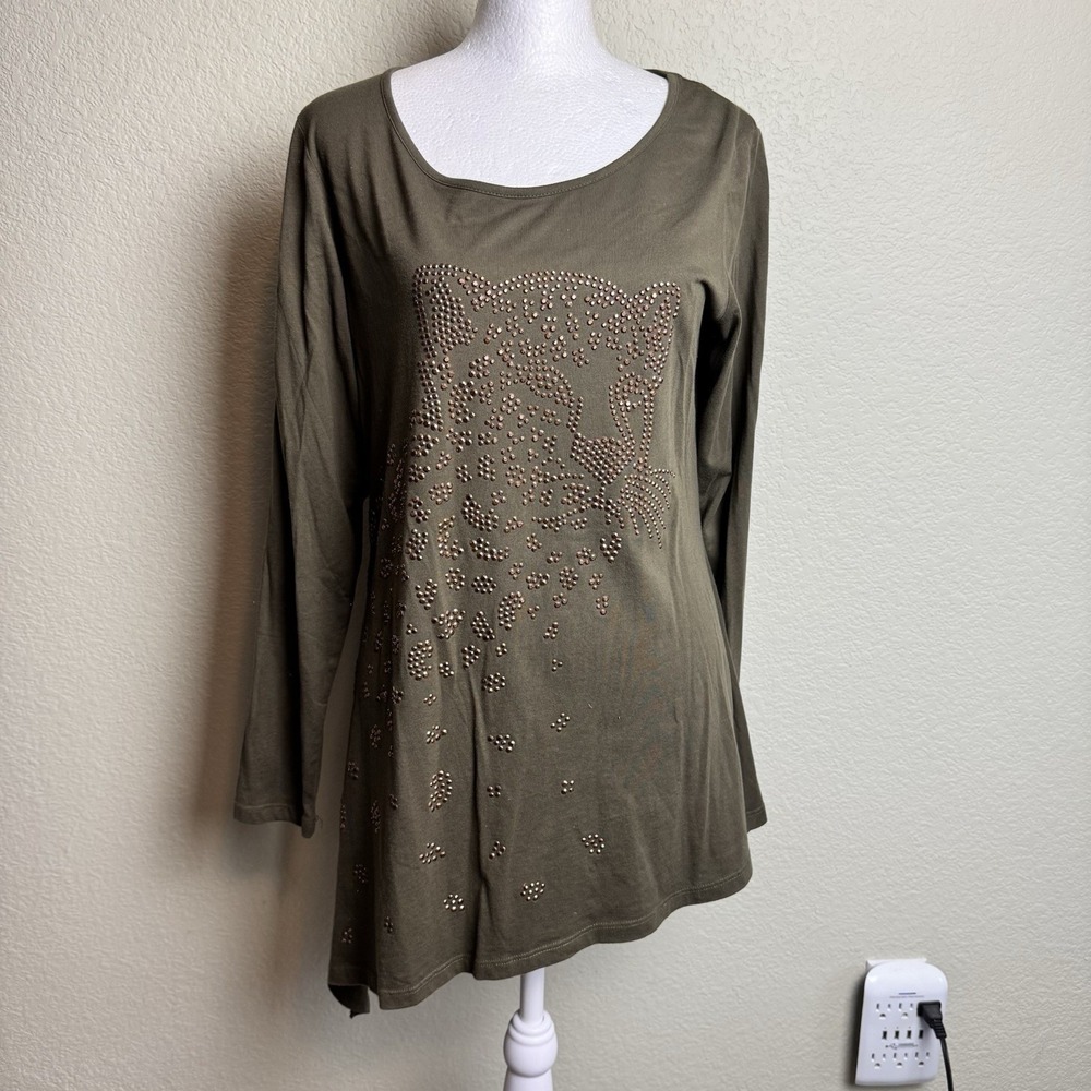 DG2 Diane Gilman S Women Green Studded Leopard Tunic Asymmetric Sharkbite Hem